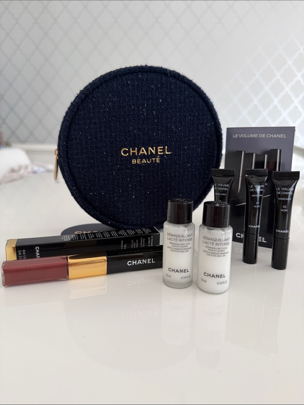 CHANEL MakeUp Set with Navy & Gold Cosmetic Pouch